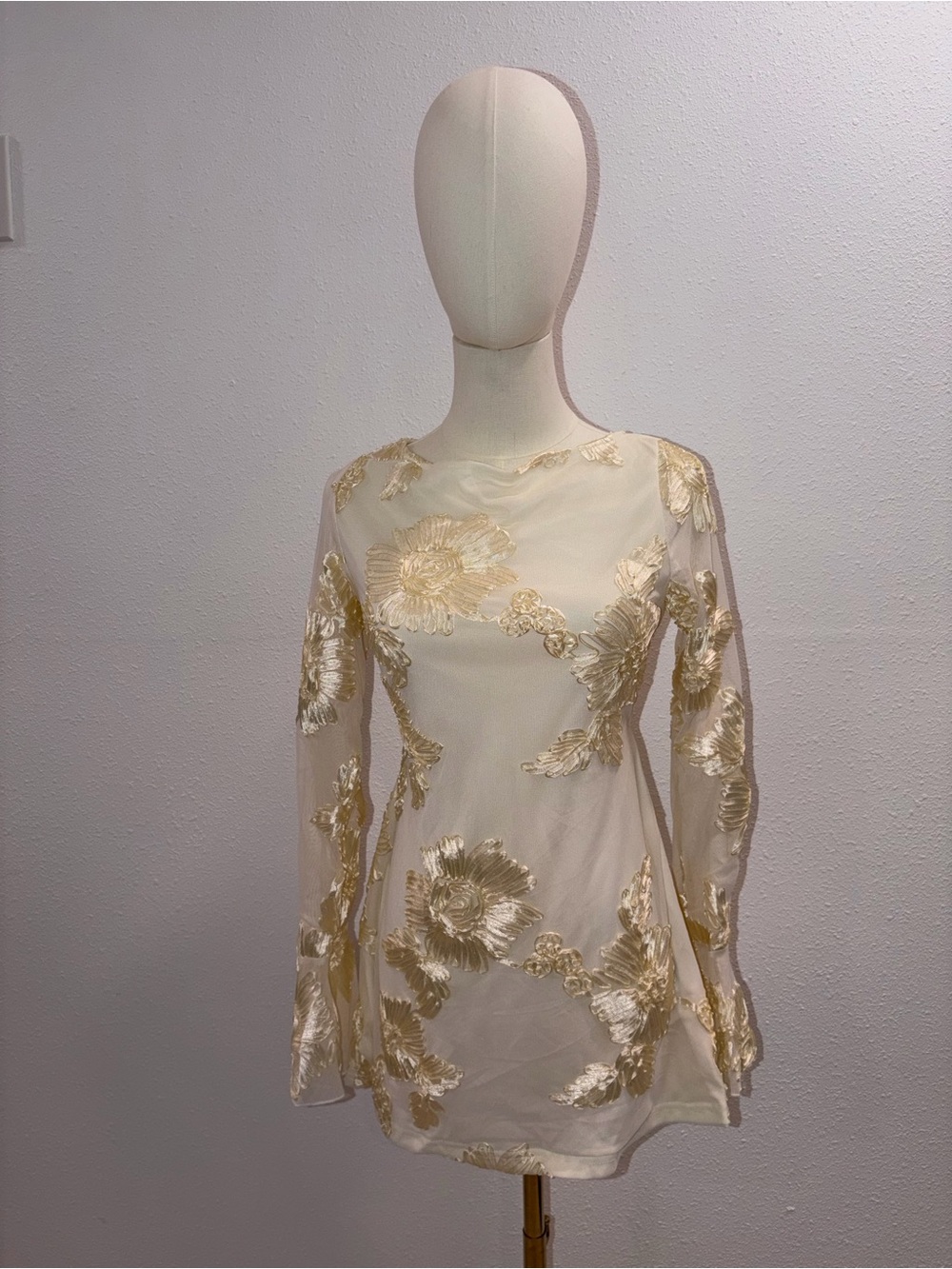 Sheer Ivory Dress with Gold Floral Embroidery